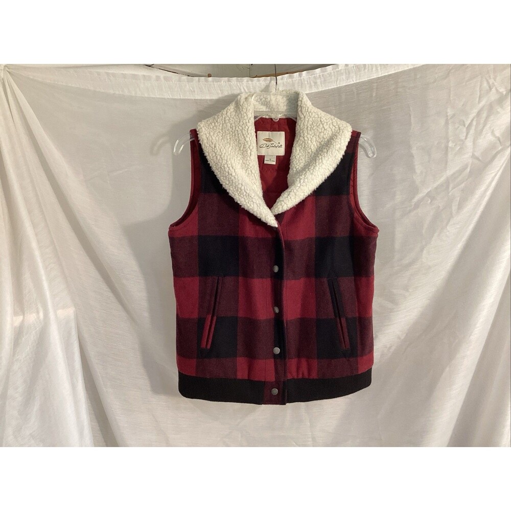 bob timberlake women’s sz M vest red black Buffalo check Sherpa collar
